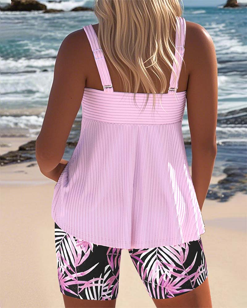 Varyla - Top Tankini cu Dungi și Pantaloni Scurți de Plajă Imprimați