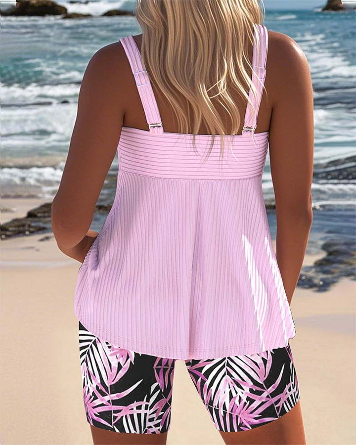 Varyla - Top Tankini cu Dungi și Pantaloni Scurți de Plajă Imprimați