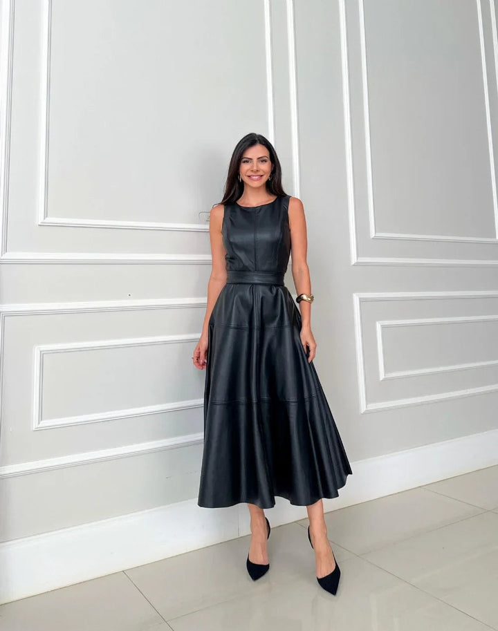 Bnita - Rochie Midi Fără Mâneci Din Piele Artificială