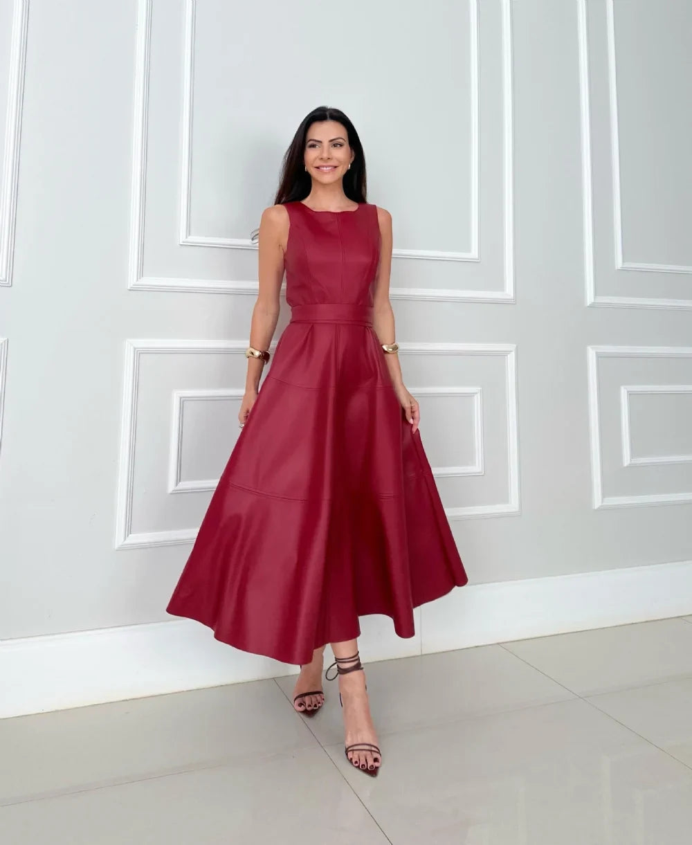 Bnita - Rochie Midi Fără Mâneci Din Piele Artificială