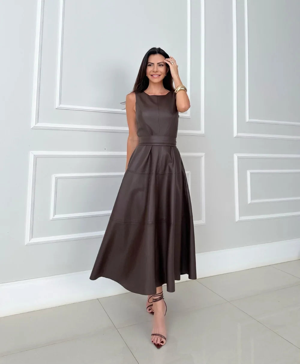 Bnita - Rochie Midi Fără Mâneci Din Piele Artificială