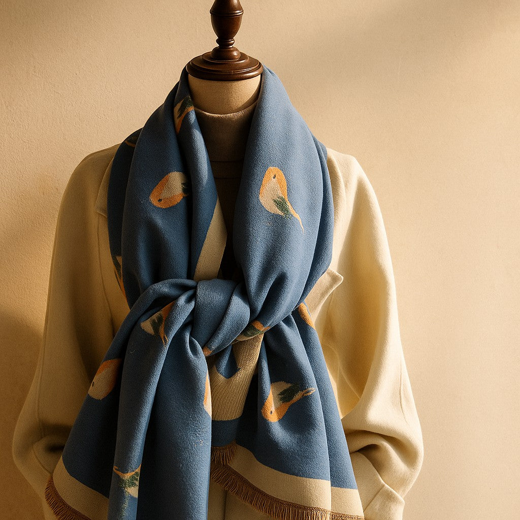 Jesmyn - Eșarfă din Lână cu Imprimeu cu Păsări pe Ambele Părți