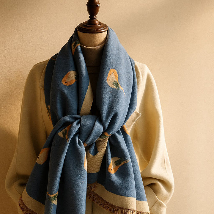 Jesmyn - Eșarfă din Lână cu Imprimeu cu Păsări pe Ambele Părți