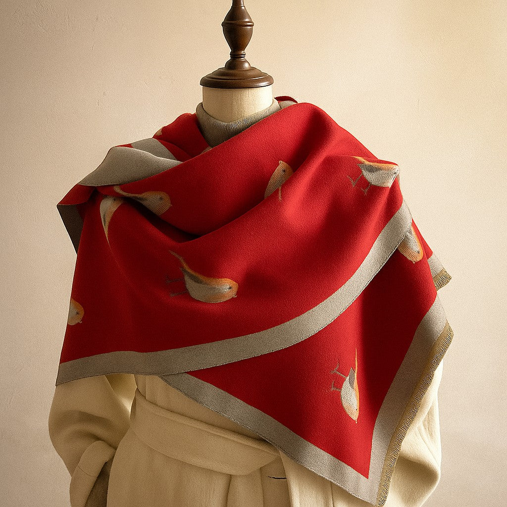 Jesmyn - Eșarfă din Lână cu Imprimeu cu Păsări pe Ambele Părți