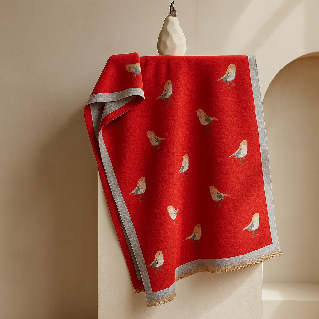 Jesmyn - Eșarfă din Lână cu Imprimeu cu Păsări pe Ambele Părți