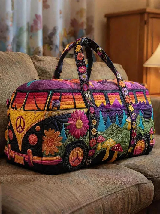 RetroBloom - Geantă de Călătorie Matlasată cu Imprimeu Vintage de Rulotă