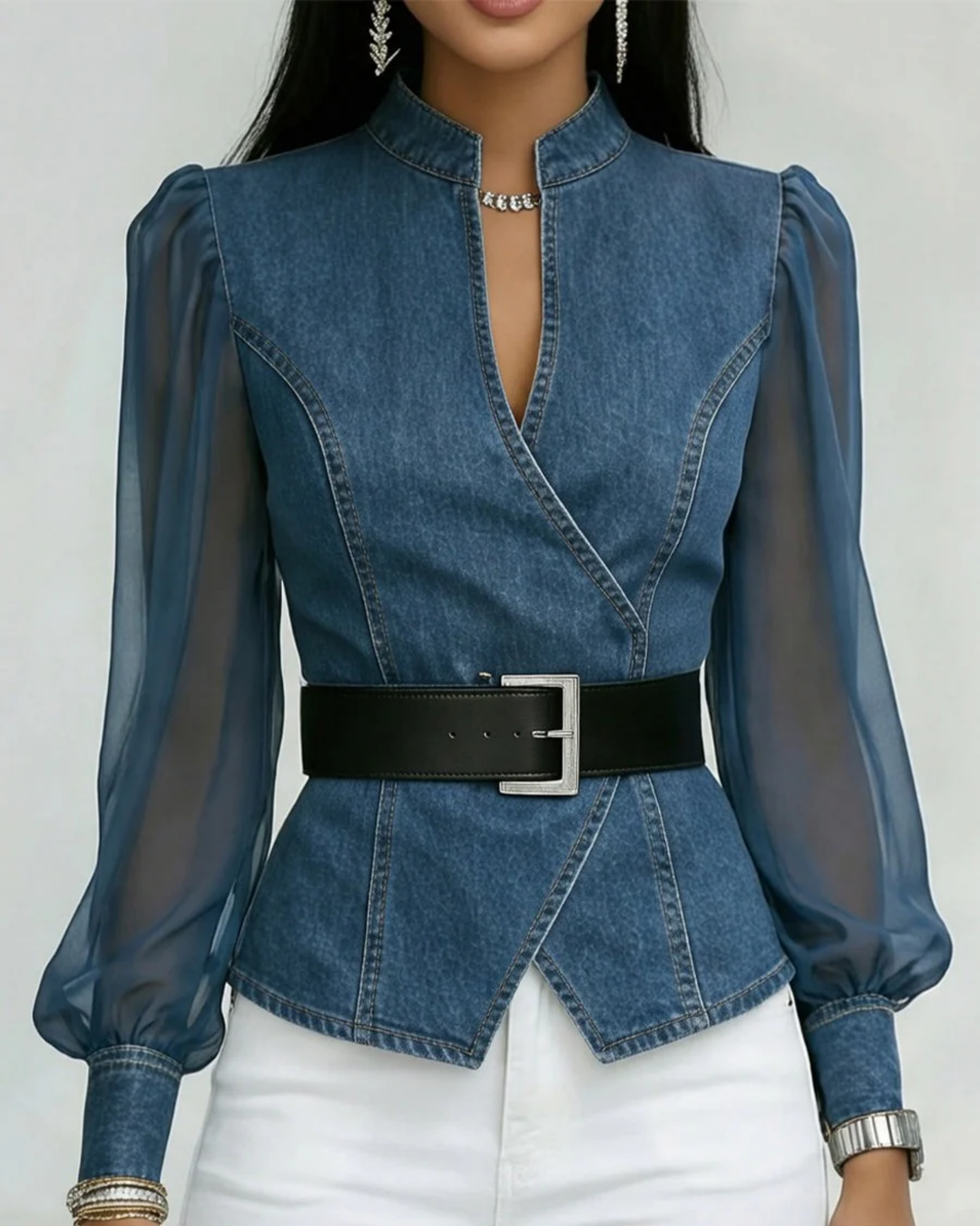 Vessa - Top Din Denim Cu Mâneci Din șifon