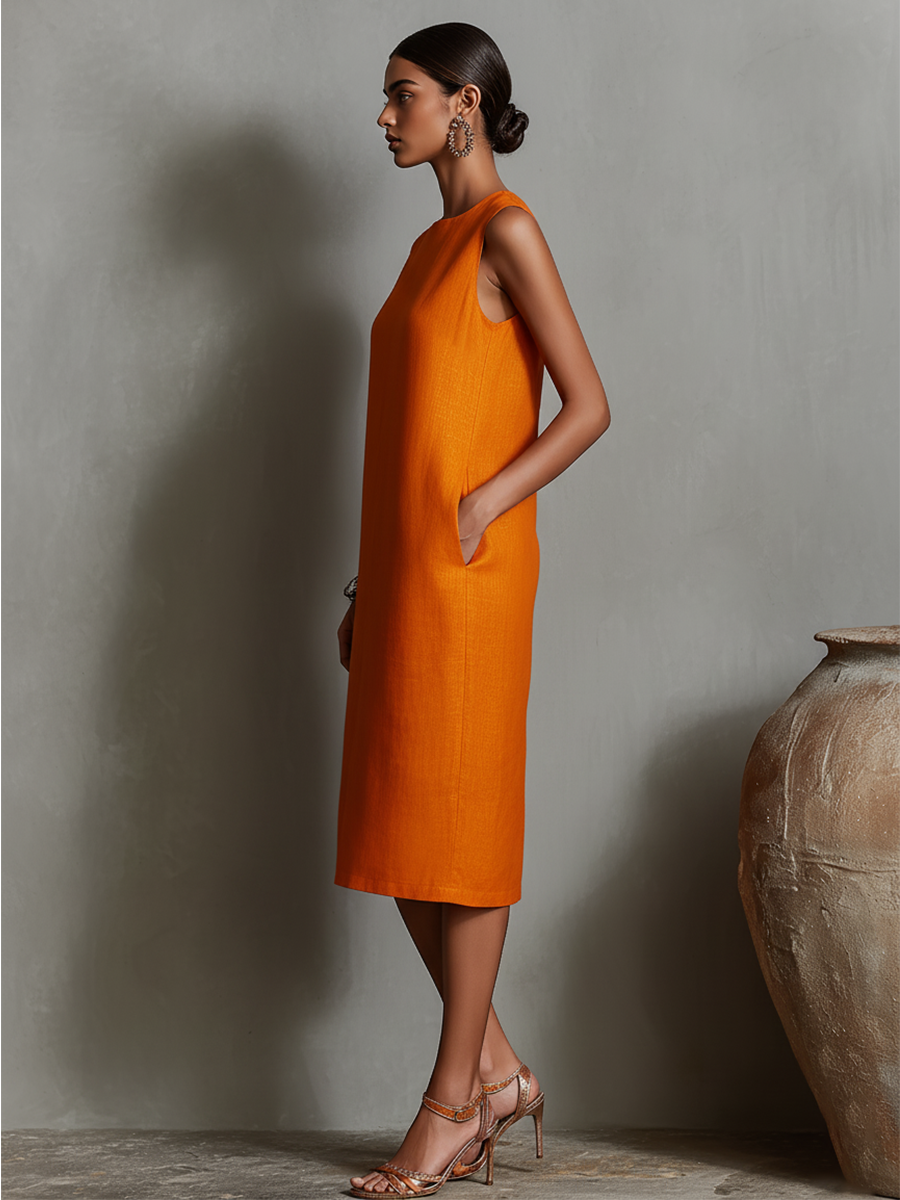Katalina – Rochie Dreaptă Din in, Cu Buzunare
