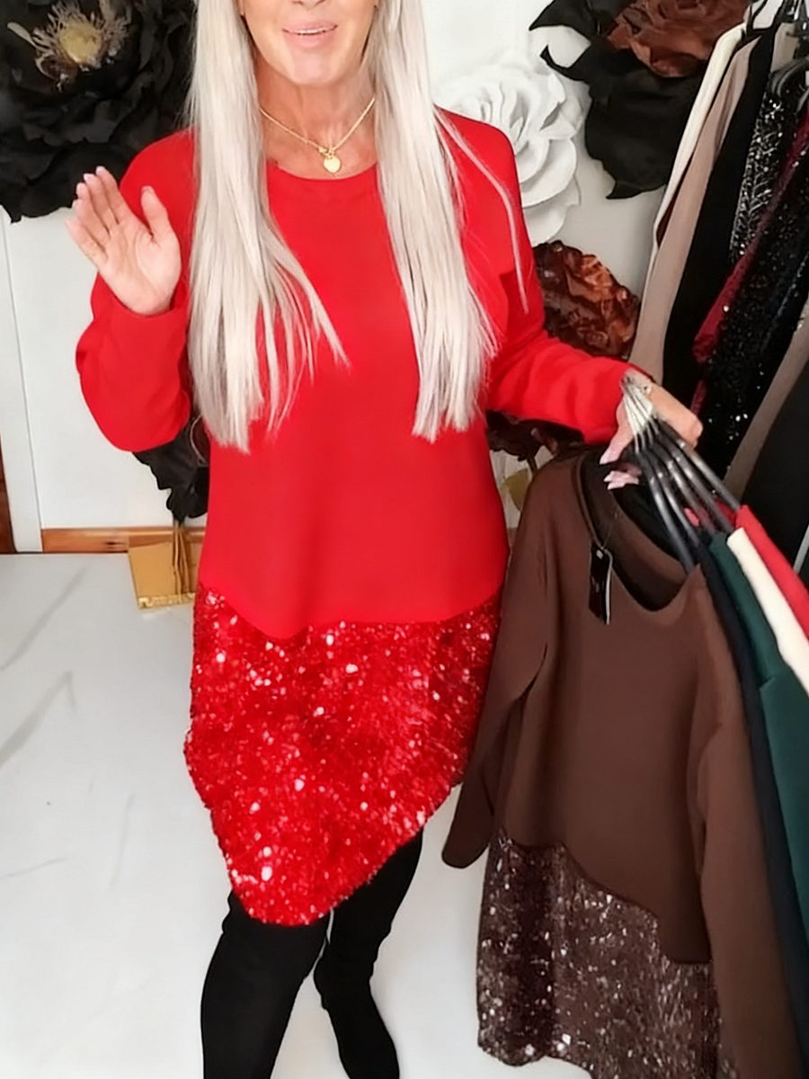 Ksenija - Rochie Cu Guler Rotund și Patchwork Cu Paiete