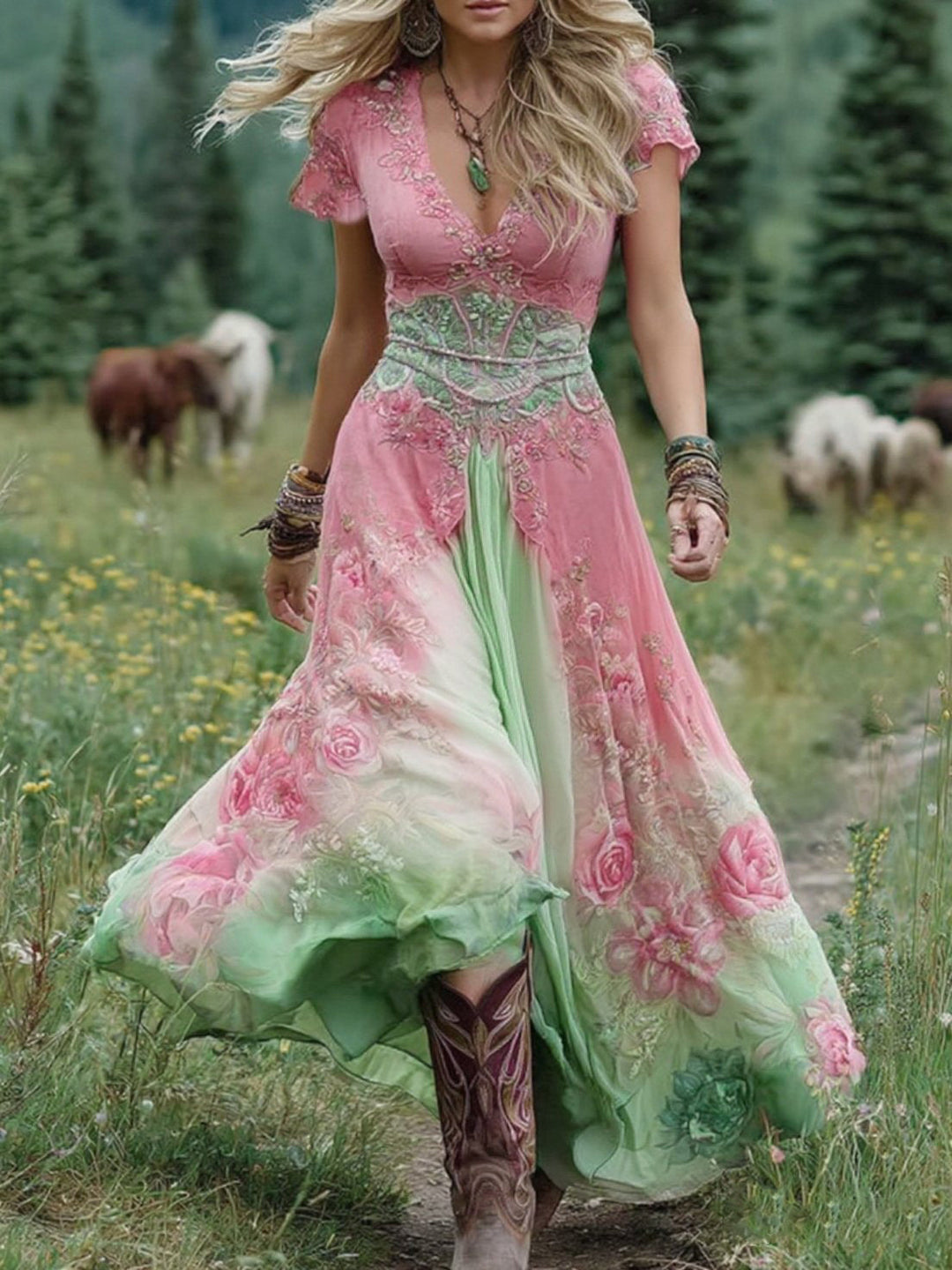 Marcina - Rochie Maxi Eleganță Cu Nuanțe De Floare