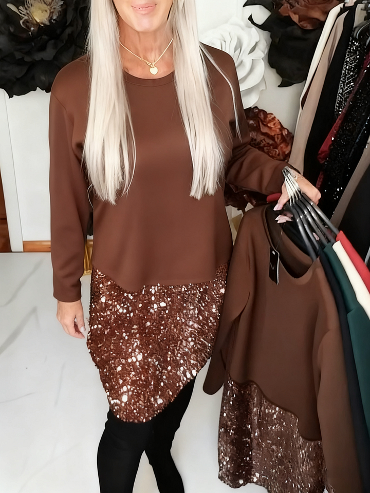 Ksenija - Rochie Cu Guler Rotund și Patchwork Cu Paiete