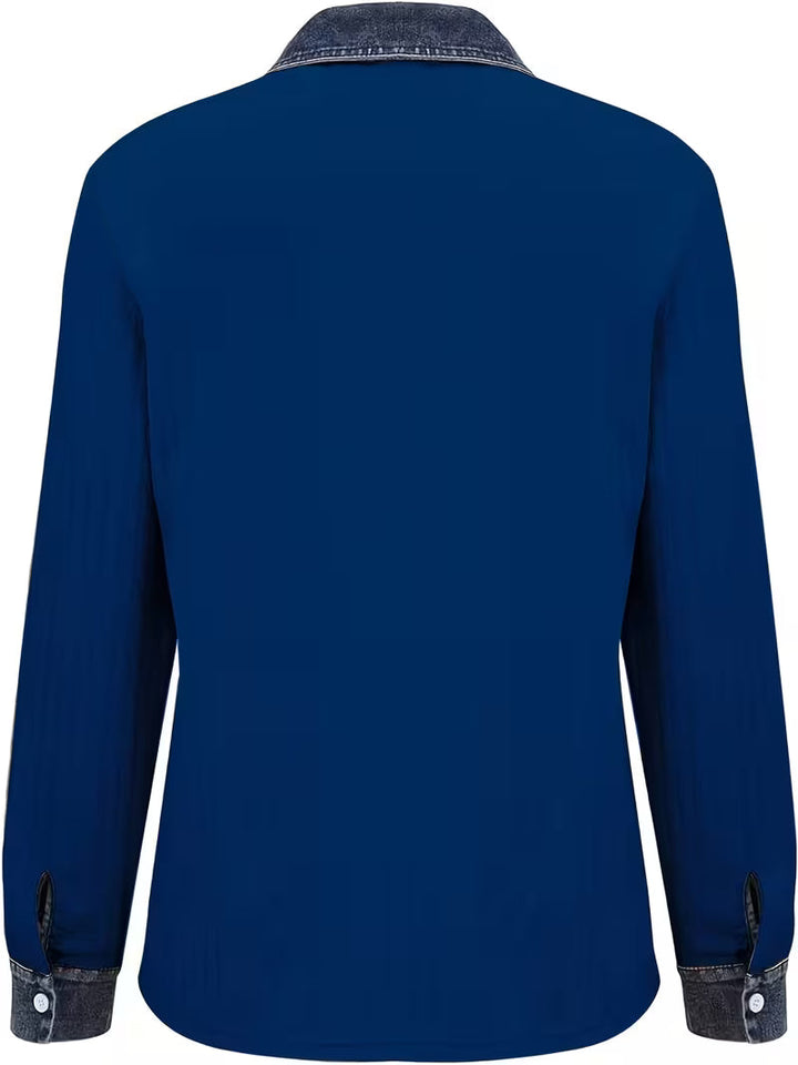 Eryna – Tricou cu Mâneci Lungi cu Model împletit în Formă de Cablu și Guler Din Denim