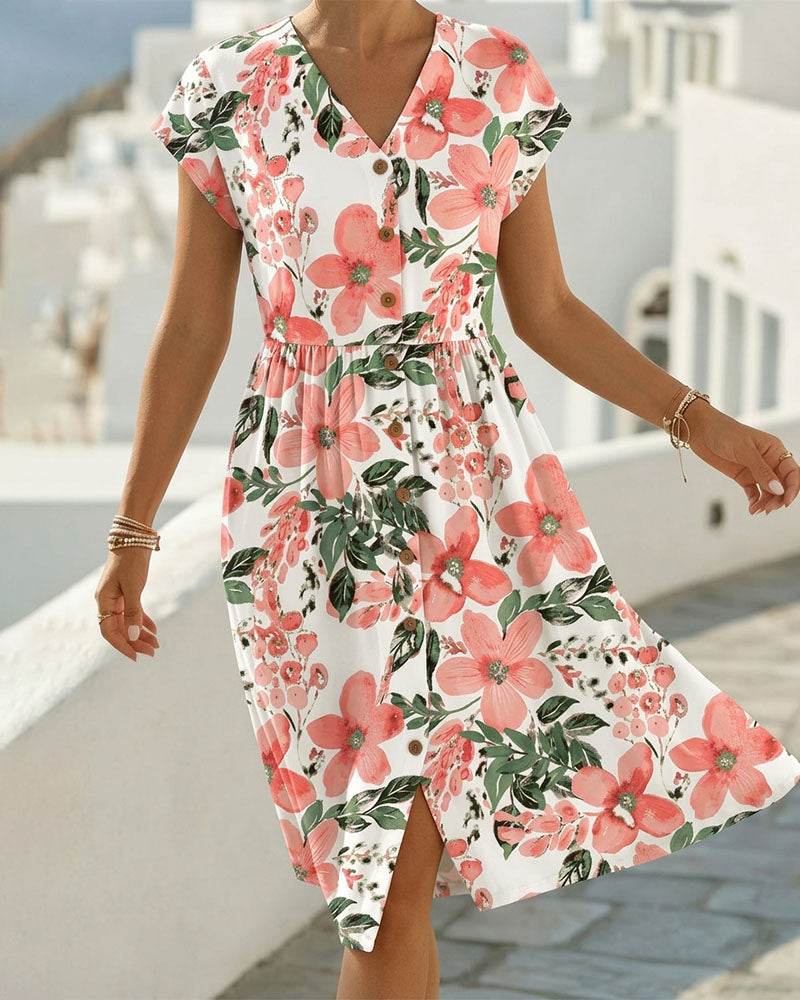 Sinera - Rochie Cu Imprimeu Floral și Mâneci Scurte