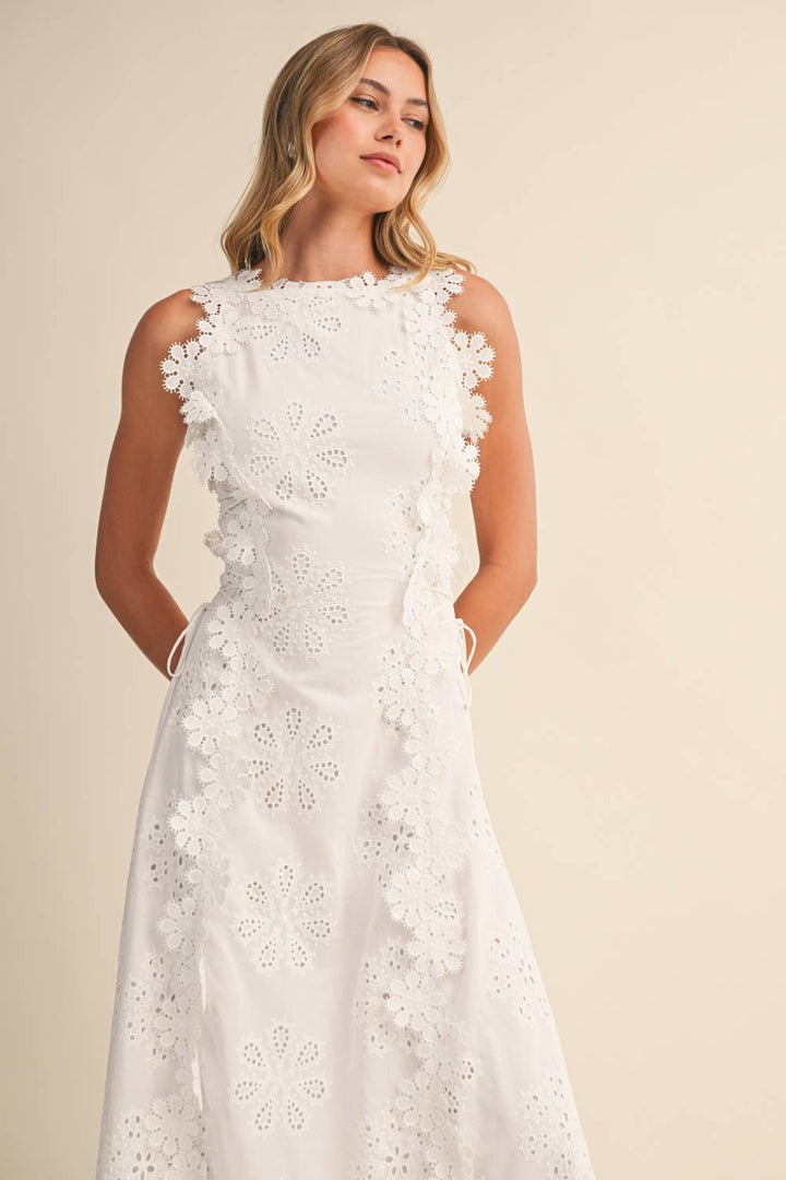 Azalia - Rochie maxi fără Mâneci, cu Broderie Florală