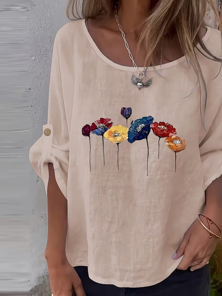 Sheril – Bluză Largă cu Mâneci cu Bandă de Rulare și Imprimeu Floral