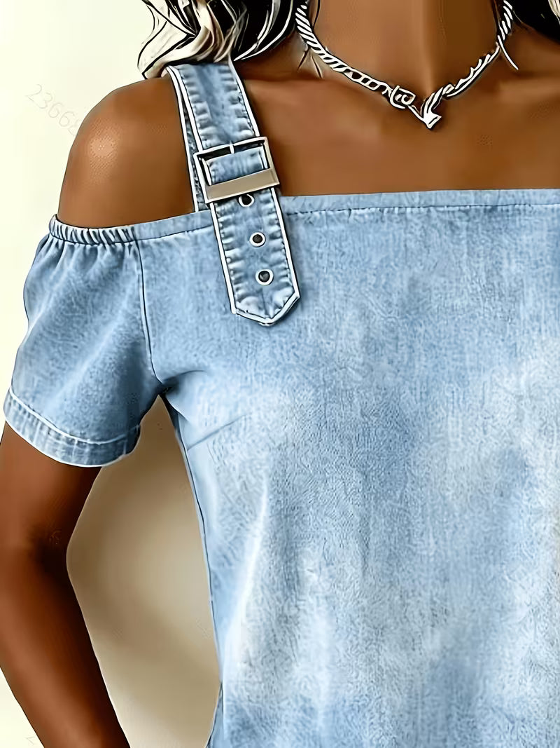Kenya - Bluză din Denim cu Umerii goi și Mâneci Scurte