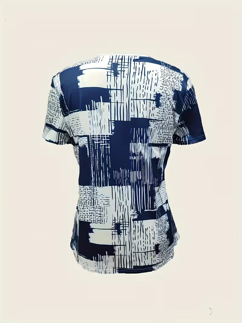 Rosettan - Tricou Elegant cu Guler în V și Mâneci Scurte