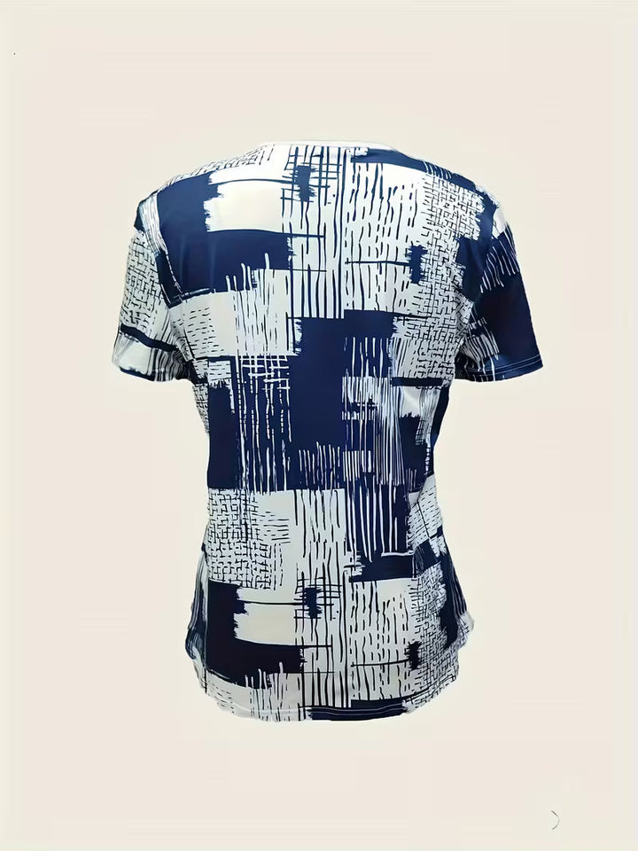 Rosettan - Tricou Elegant cu Guler în V și Mâneci Scurte