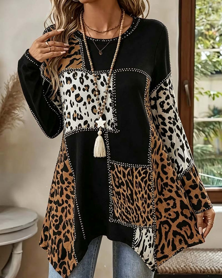 Niriza – Bluză Cu Imprimeu Leopard Asimetric, În Stil Patchwork
