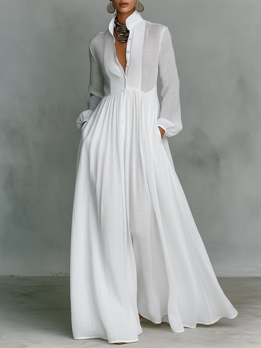 Naylia - Rochie Maxi cu Guler înalt și Mâneci Lungi