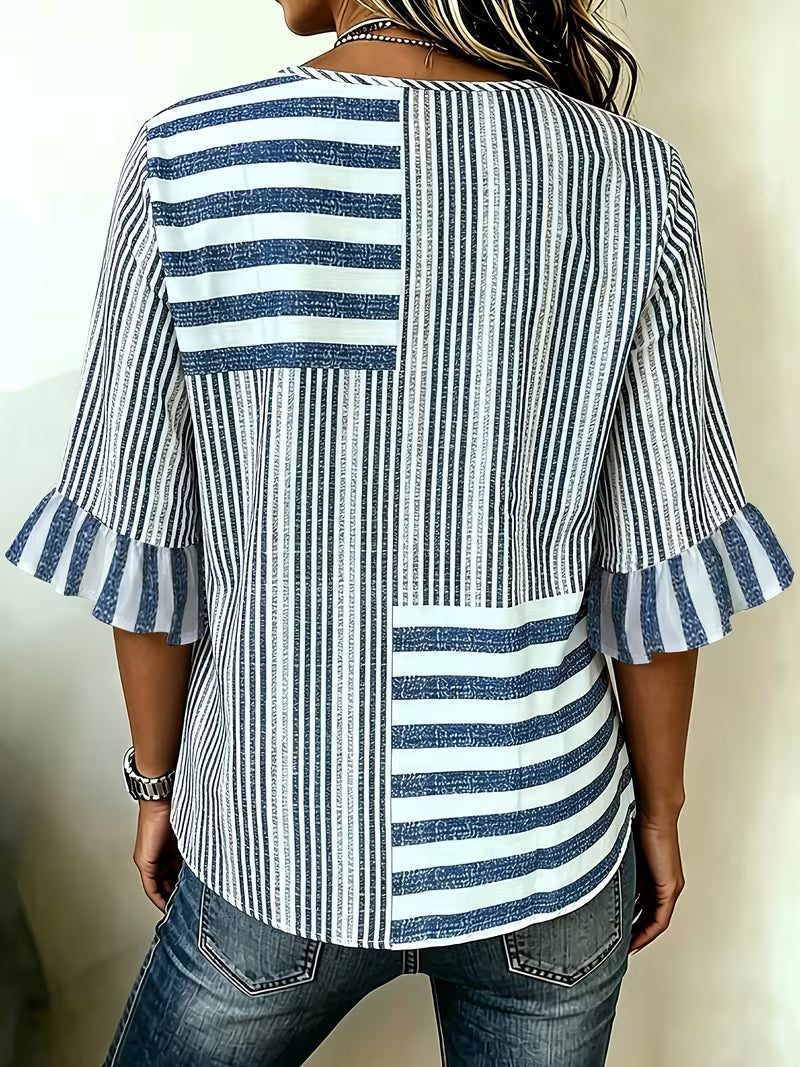 Avyra - Bluză Cu Nasturi, Cu Mâneci Cu Volane, În Stil Patchwork Cu Dungi