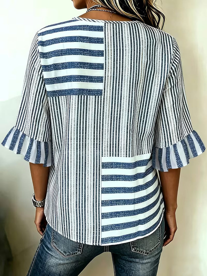 Avyra - Bluză Cu Nasturi, Cu Mâneci Cu Volane, În Stil Patchwork Cu Dungi
