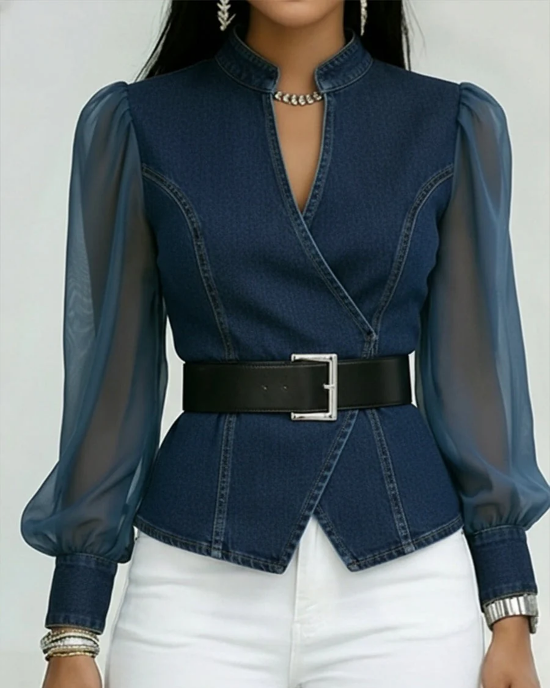 Vessa - Top Din Denim Cu Mâneci Din șifon