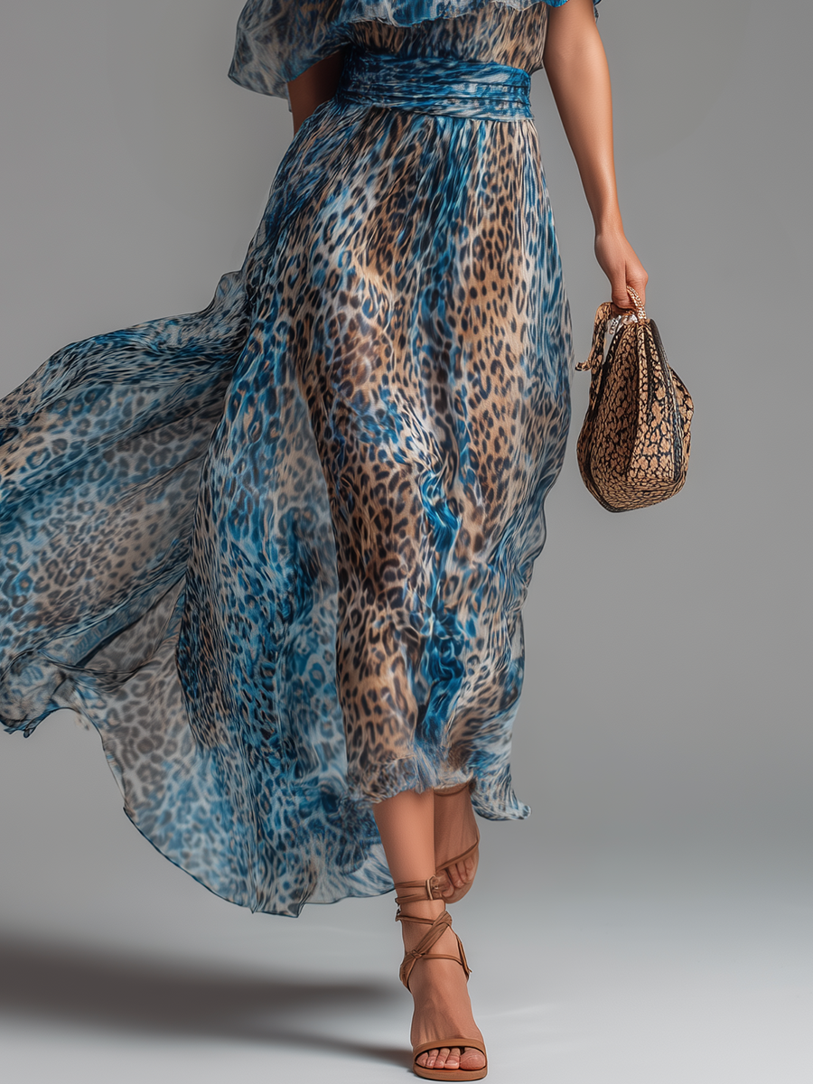 Siania - Rochie Din Șifon Cu Imprimeu Leopard Și Umeri Descoperiți