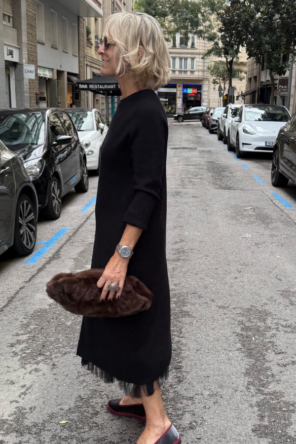 Oona - Rochie Din Tul Cu Drapaj și Pulover Lung Din Tricot