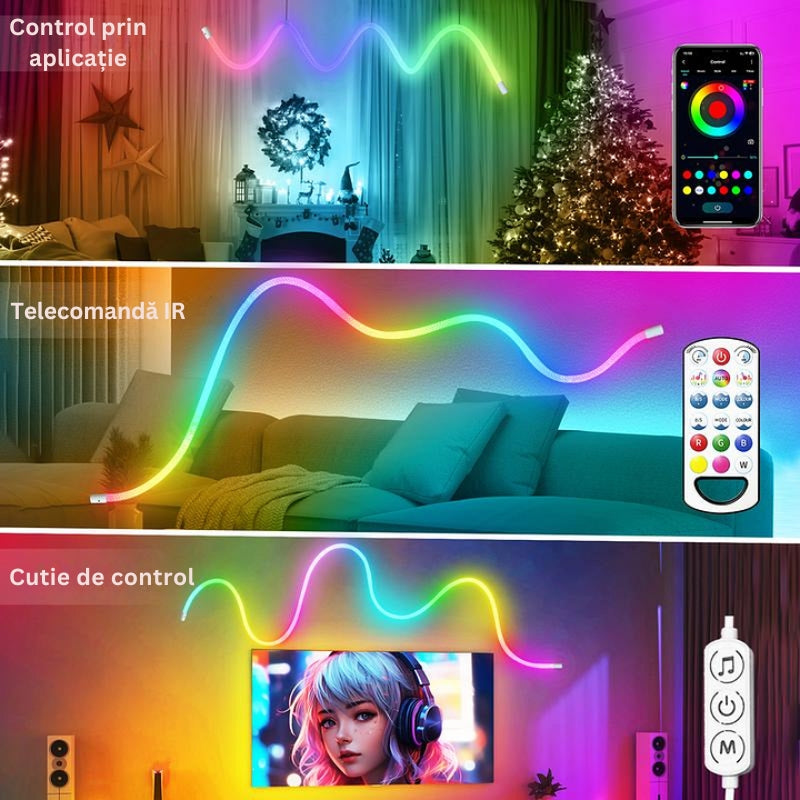 LumiRope - Lumină Flexibilă RGB Inteligentă Cu Silicon, 360 De Grade