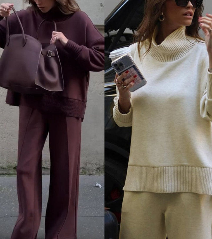 Blandine - Set Din Două Piese Tricotate Pulover Cu Guler înalt și Pantaloni Largi