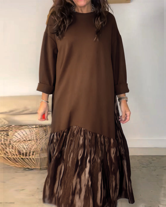 Dragica - Rochie Cu Guler Rotund și Imprimeu Patchwork Neregulat