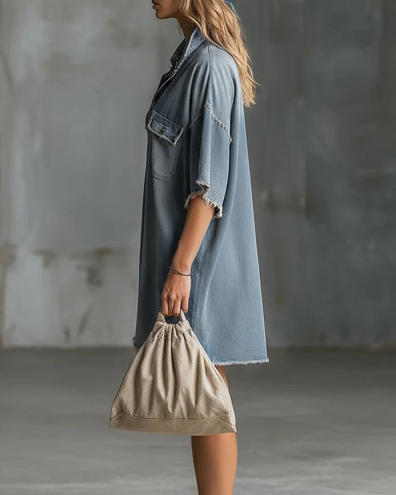 Sinitta - Rochie Casual Din Denim Cu Guler Cu Revere