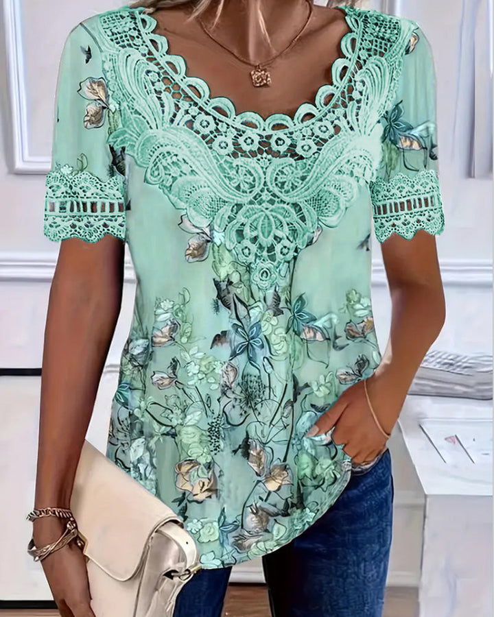 Emilyn – Tricou cu Mâneci Scurte și Imprimeu Floral la Modă