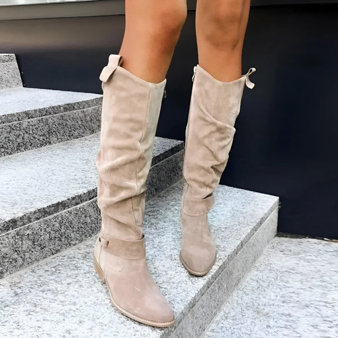 Kimara - Cizme Din Piele Până La Genunchi Cu Fermoar Lateral