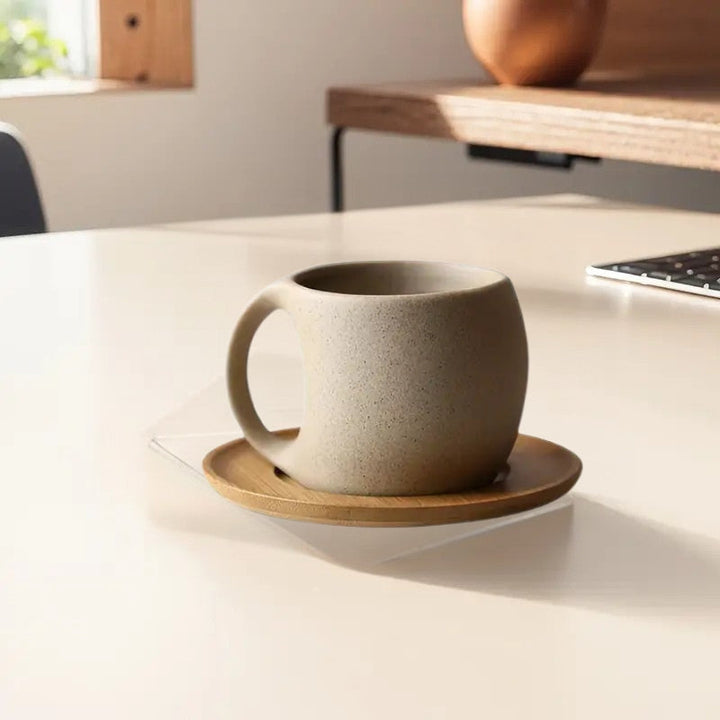 ClayHaven - Cană De Cafea Din Ceramică Cu Farfurie Din Lemn