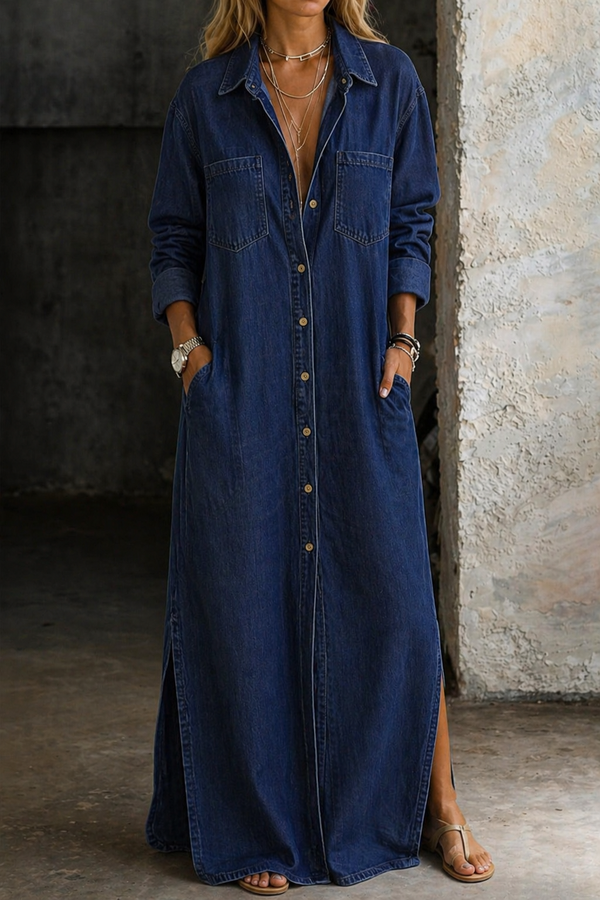 Noshina - Rochie Lungă Din Denim Cu Nasturi În Față