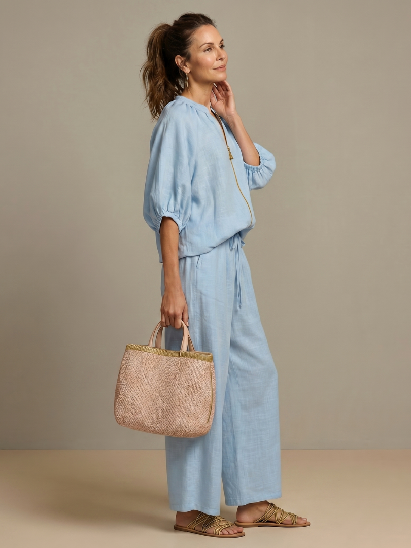 Sharina - Set Compus Din Bluză Cu Fermoar Și Pantaloni Cu Croi Larg