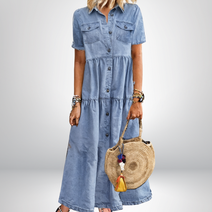 Leokadia - Rochie Din Denim Moale cu Nasturi