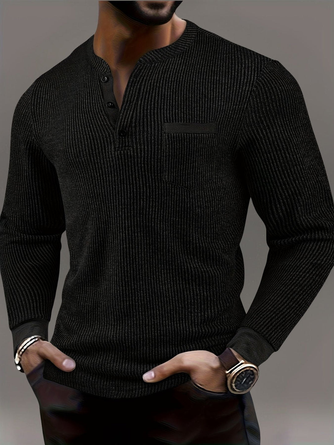 Deegan - Tricou Henley Cu Mâneci Lungi Guler Cu Dungi Și Textură