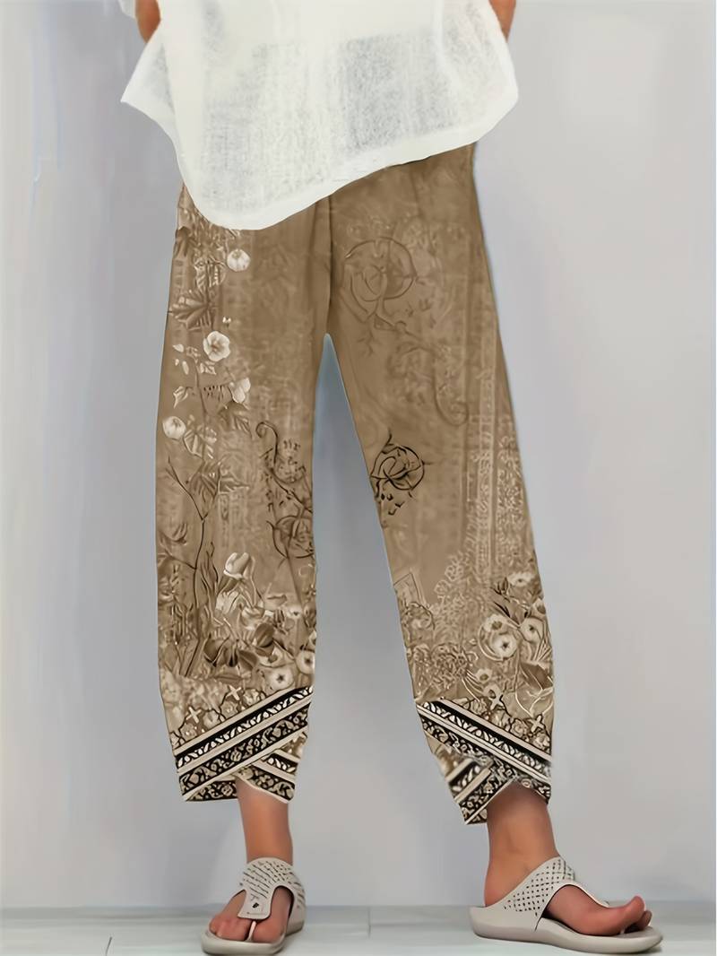 Thimasha - Pantaloni Capri cu Imprimeu Floral Vintage și Talie Elastică