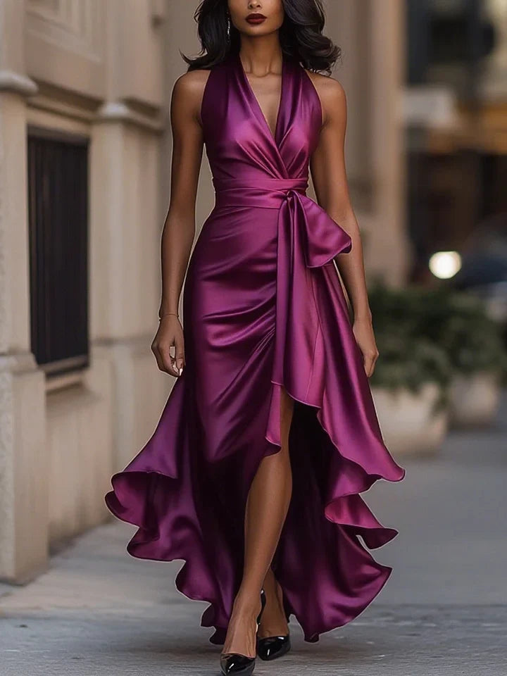 Sharipova - Rochie Elegantă Din Satin Fără Bretele Cu Volane