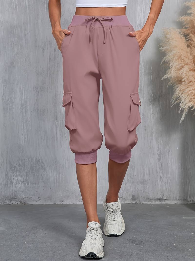 Kirabo - Pantaloni Cargo De Vară Cu Mai Multe Buzunare Și Talie Elastică Cu Nervuri