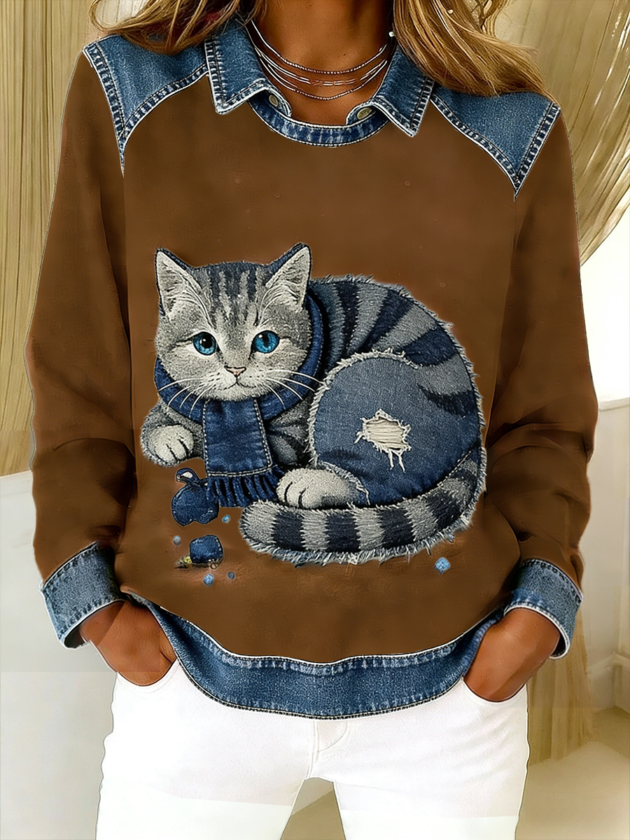 Eponin - Hanorac Retro Din Denim Cu patchwork