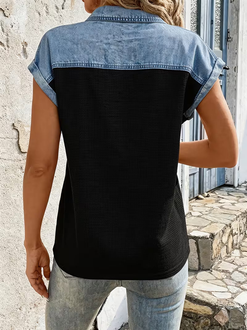 Haily - Bluză Casual Din Denim cu Guler Patchwork și Mâneci scurte