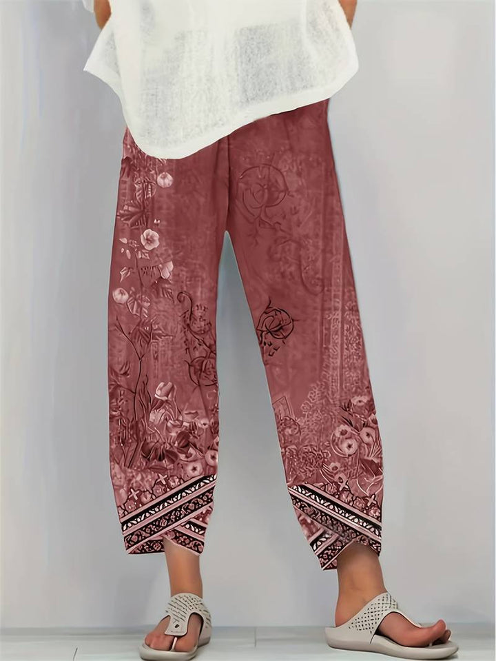 Thimasha - Pantaloni Capri cu Imprimeu Floral Vintage și Talie Elastică
