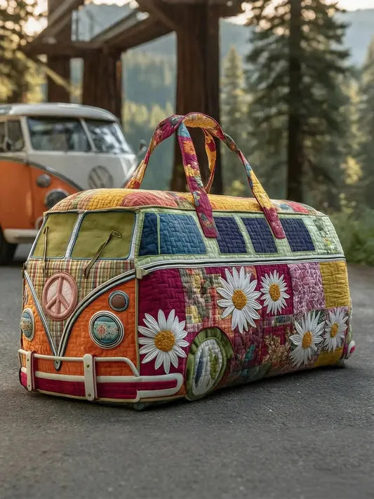 RetroBloom - Geantă de Călătorie Matlasată cu Imprimeu Vintage de Rulotă