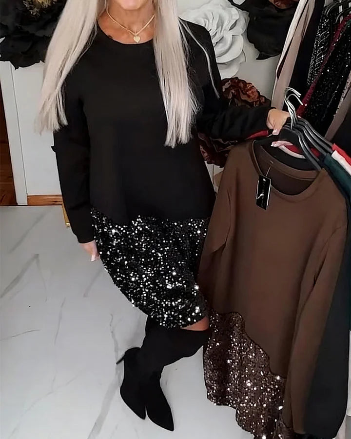 Ksenija - Rochie Cu Guler Rotund și Patchwork Cu Paiete