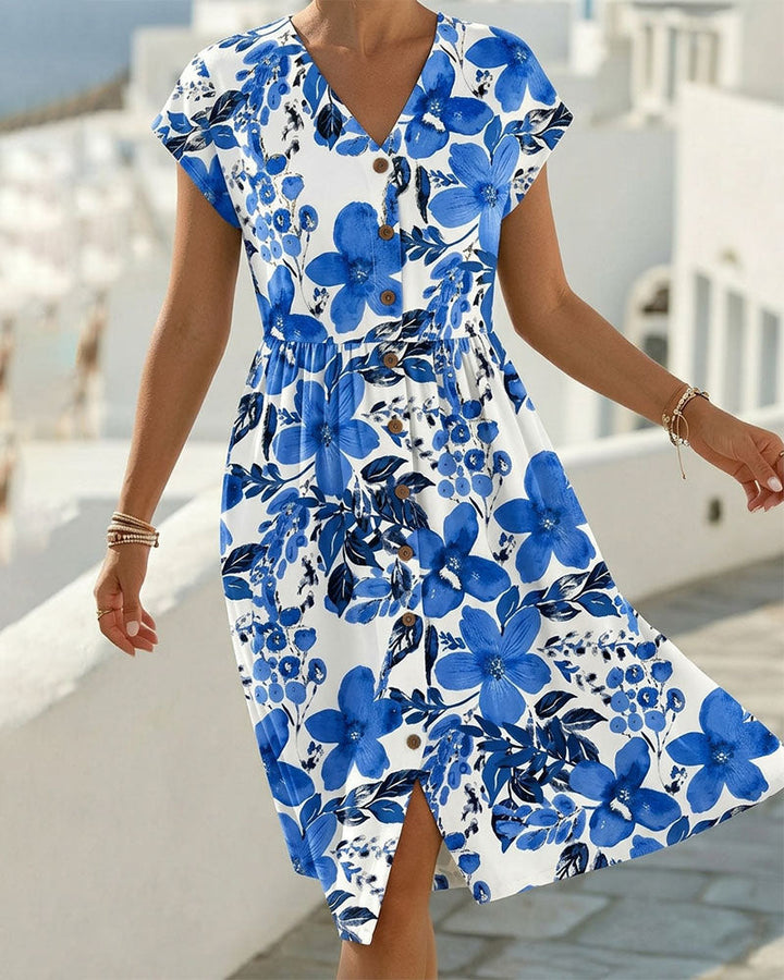 Sinera - Rochie Cu Imprimeu Floral și Mâneci Scurte
