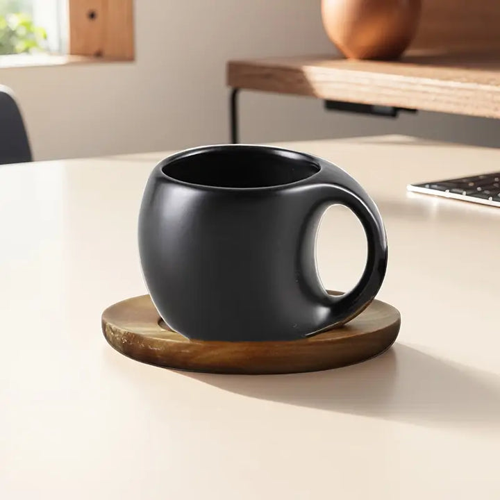 ClayHaven - Cană De Cafea Din Ceramică Cu Farfurie Din Lemn